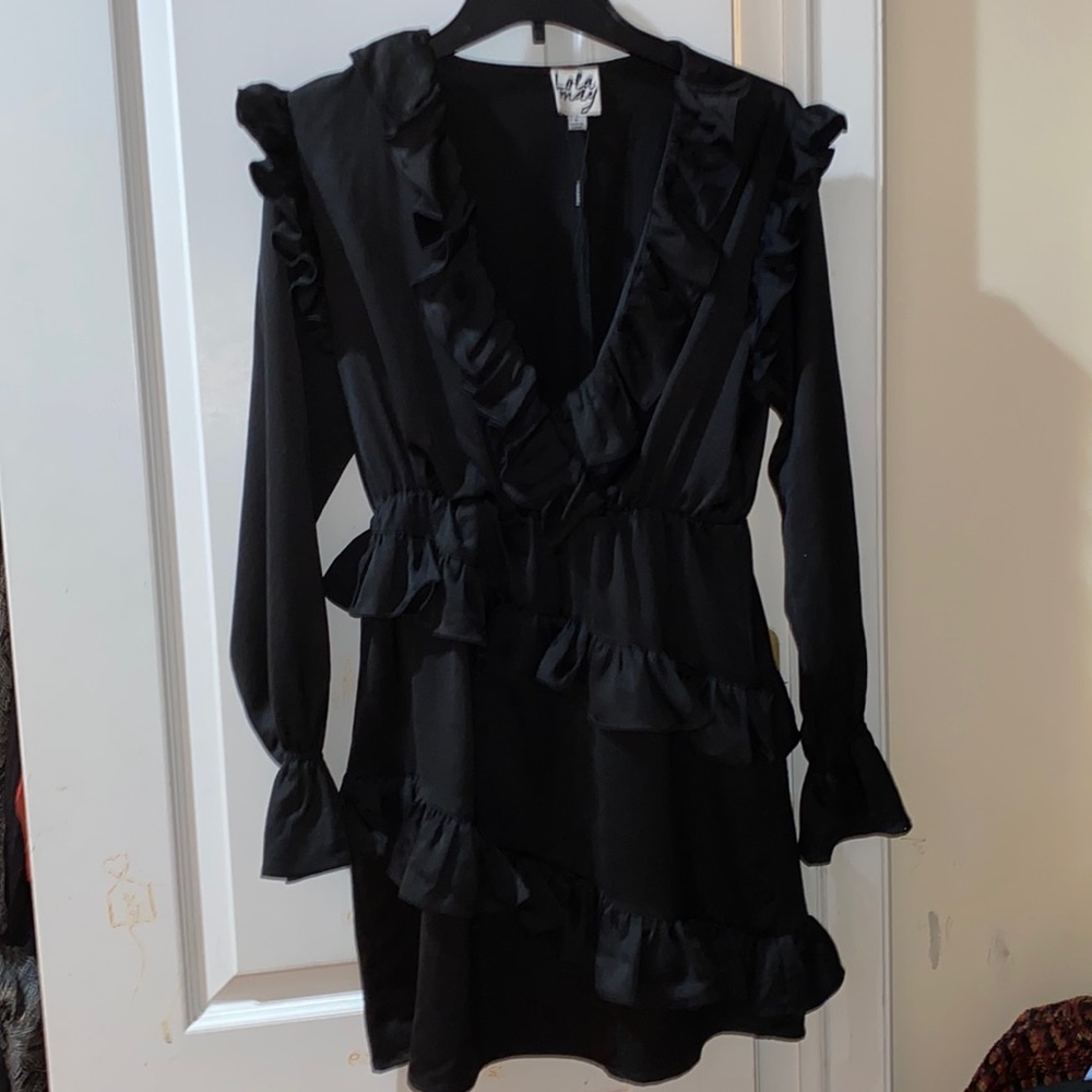 Black ruffle mini dress with v neck
